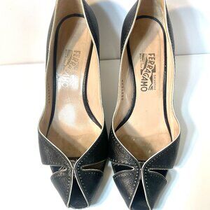 Salvatore Ferragamo Black Peep Toe Pumps Contrast stitching Size 10 B